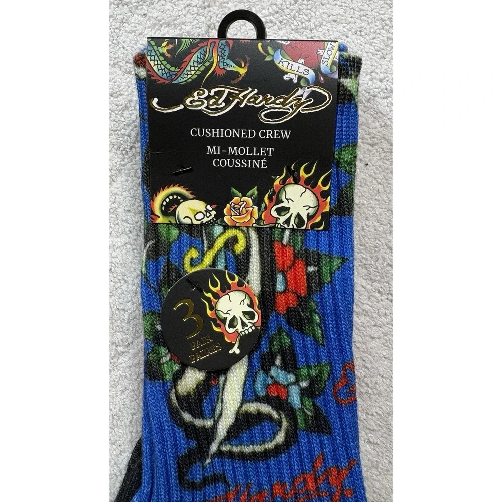 Ed Hardy Men's 3 Pairs Cushioned Crew Socks Size 6-12 Snake Skulls NWT -2050